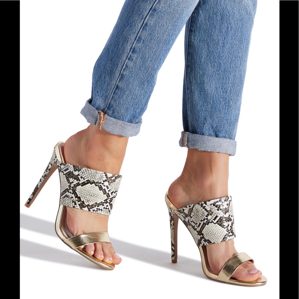 SHOEDAZZLE SLIP-ON DOUBLE STRAP MULE HEELS